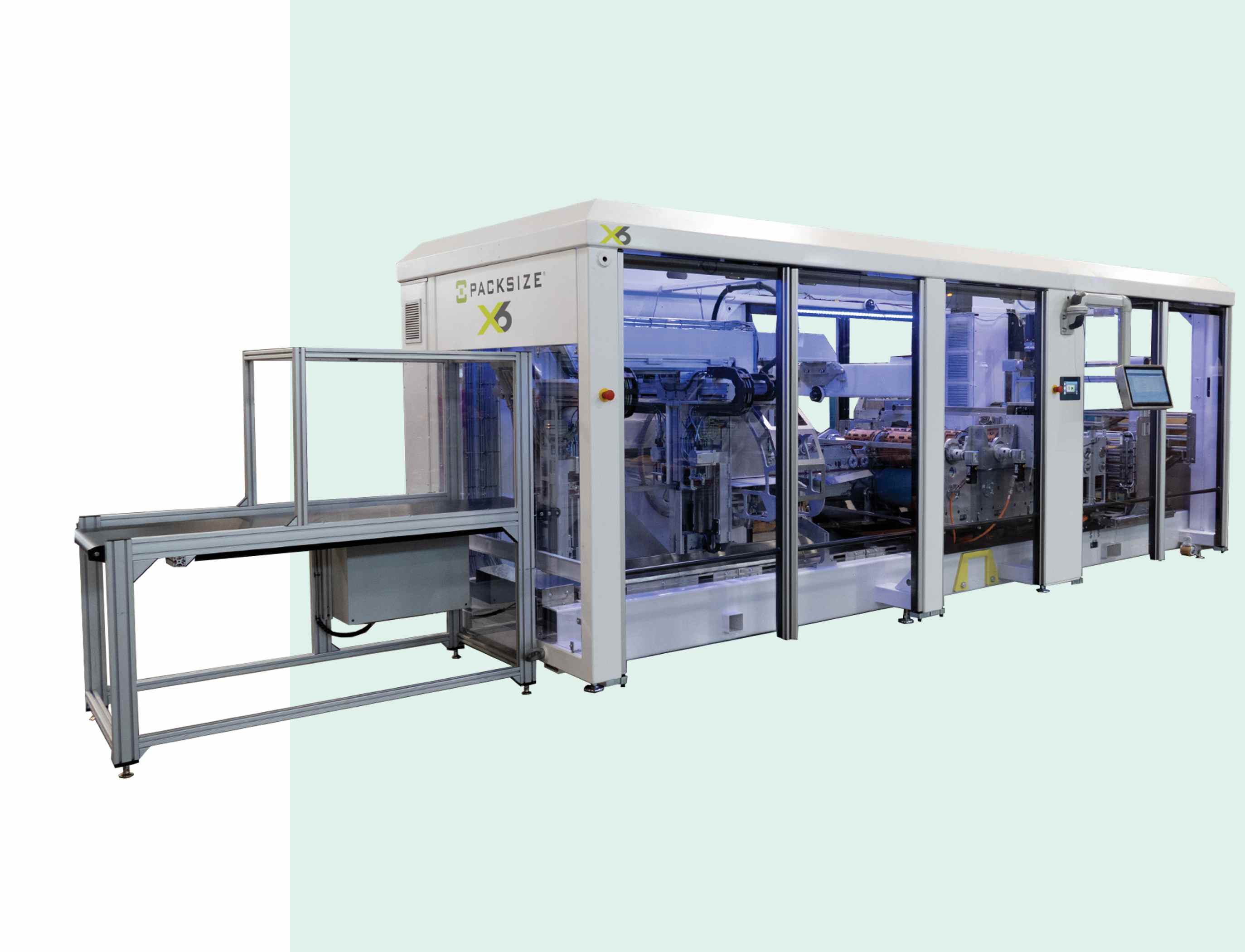 	The image displays the Packsize X6 Packaging System set against a green background.